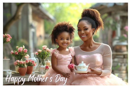 Tea Party Mother’s Day Card – Elegant African American Mother and Daughter Greeting Card for Black Moms